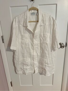 Cubavera White Short-Sleeve Linen Guayabera Button-Down Shirt